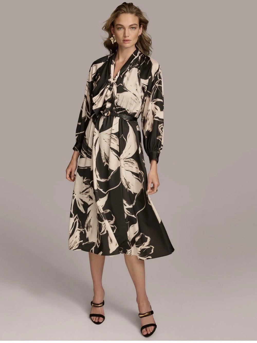 DONNA KARAN Printed Tie Neck MIidi Dress Black and Cream Abstract size 4